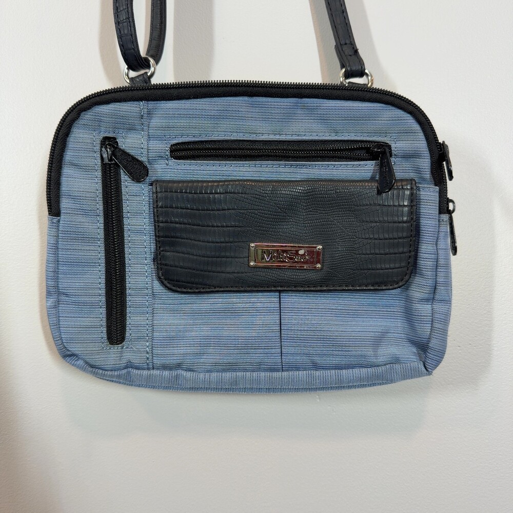 MultiSac Blue Striped Nylon Crossbody Bag Black Faux Croc‎ Organizer